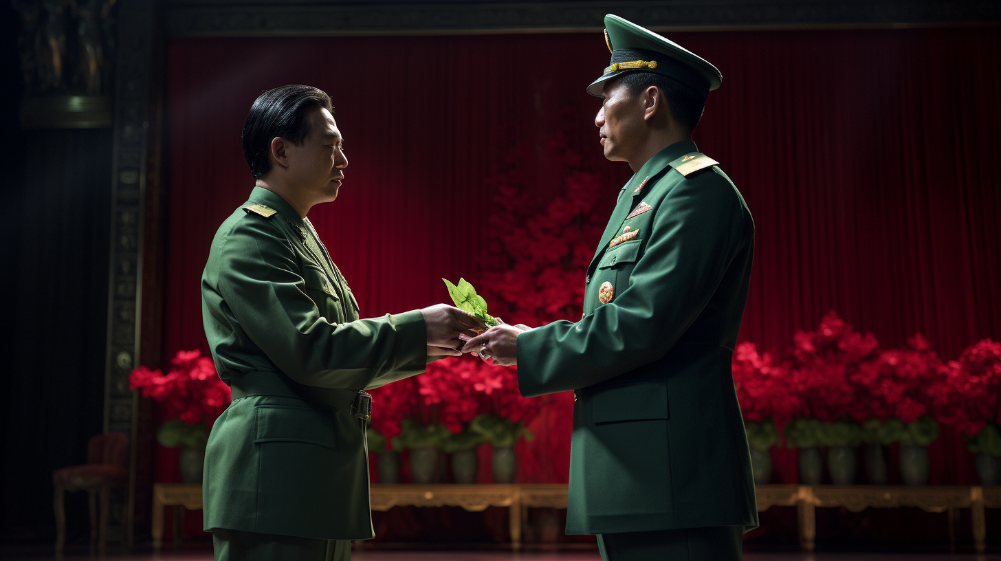 Chinese officer giving green rosebuds to comrades