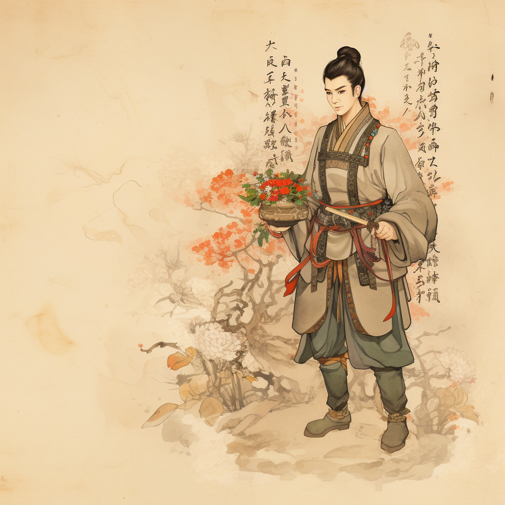 Chinese warrior with flower bouquets artwork