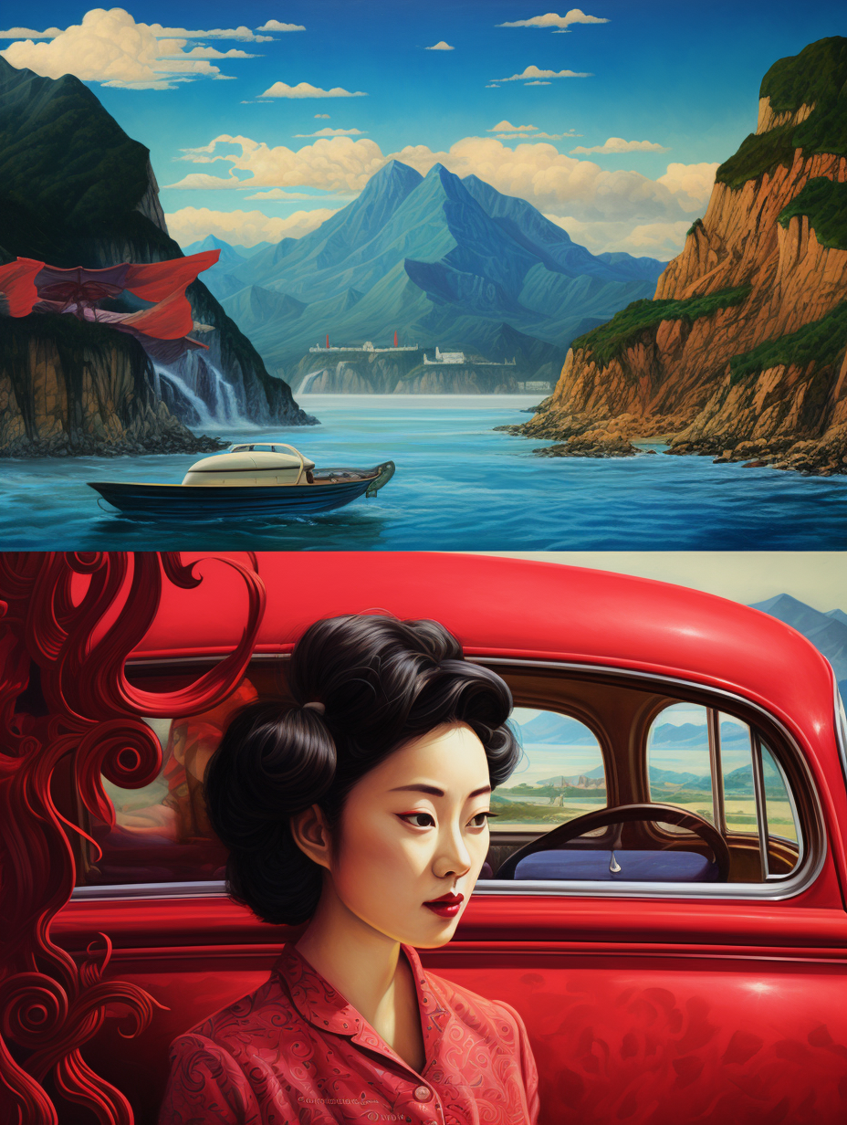 Chinese woman in car on boat with scenic background