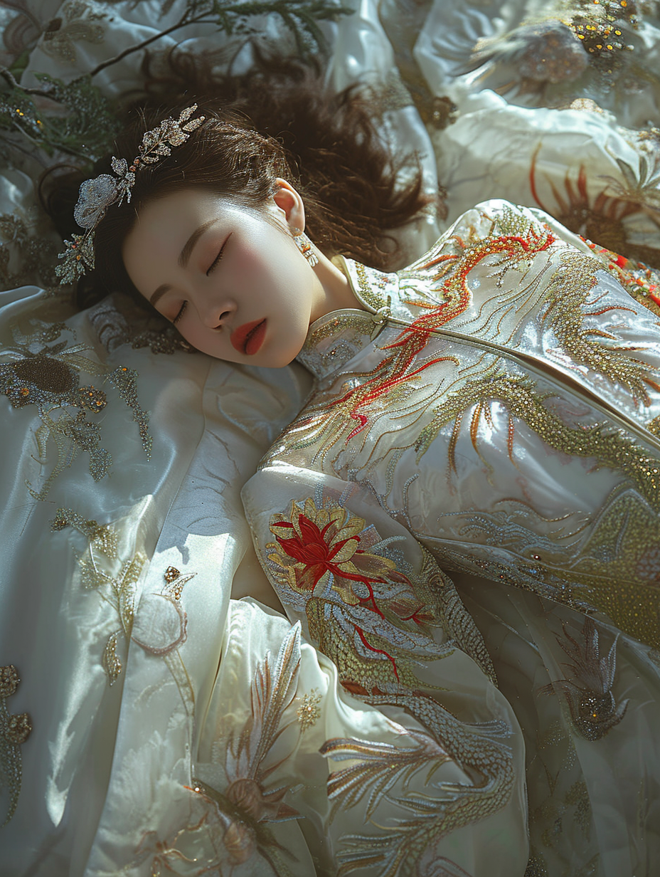 Woman in Chinese Dragon Embroidered Dress