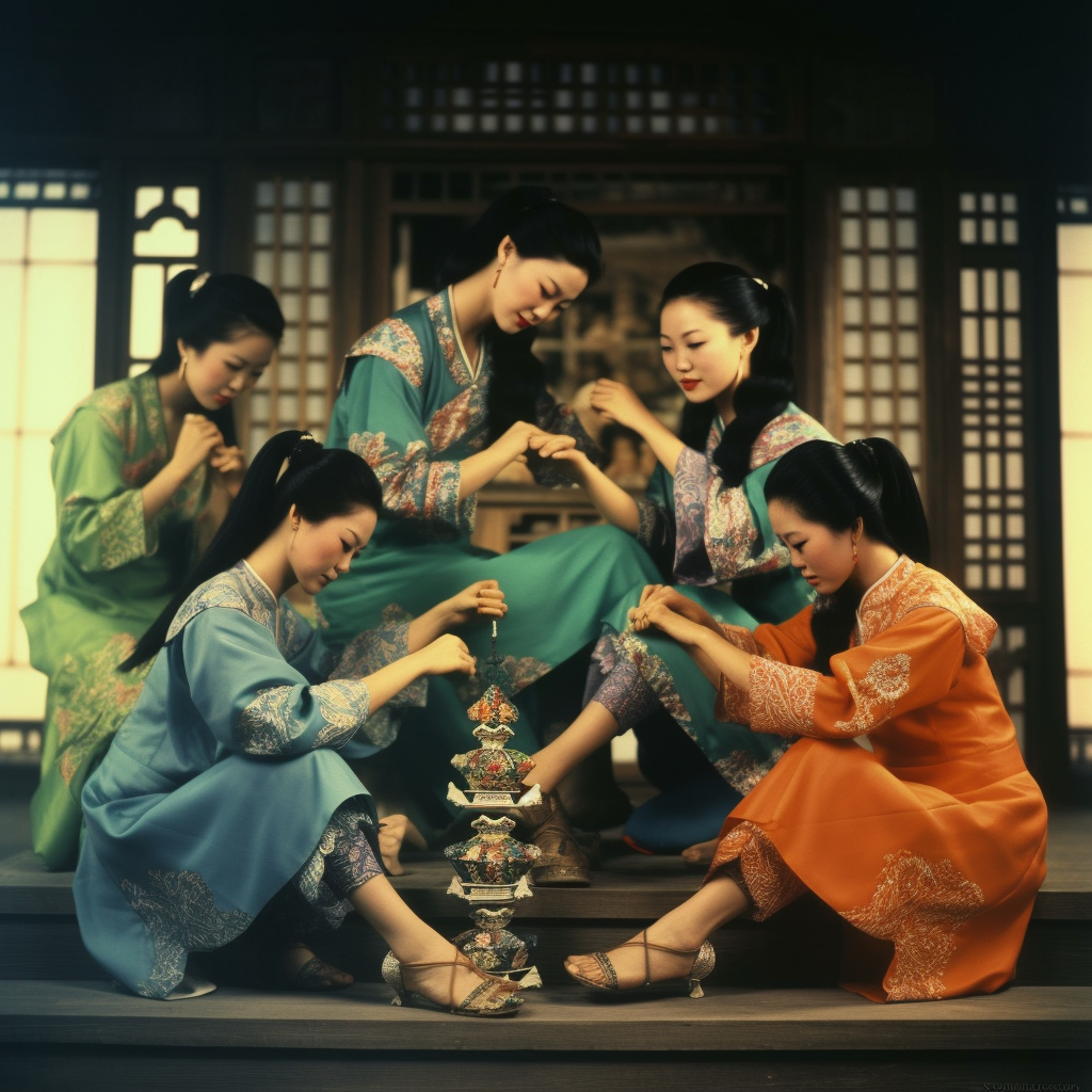 Chinese women practicing foot yoga