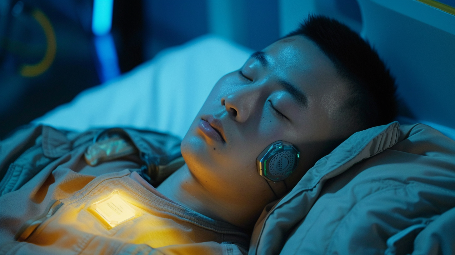 Chinese young man with earring-shaped tech device