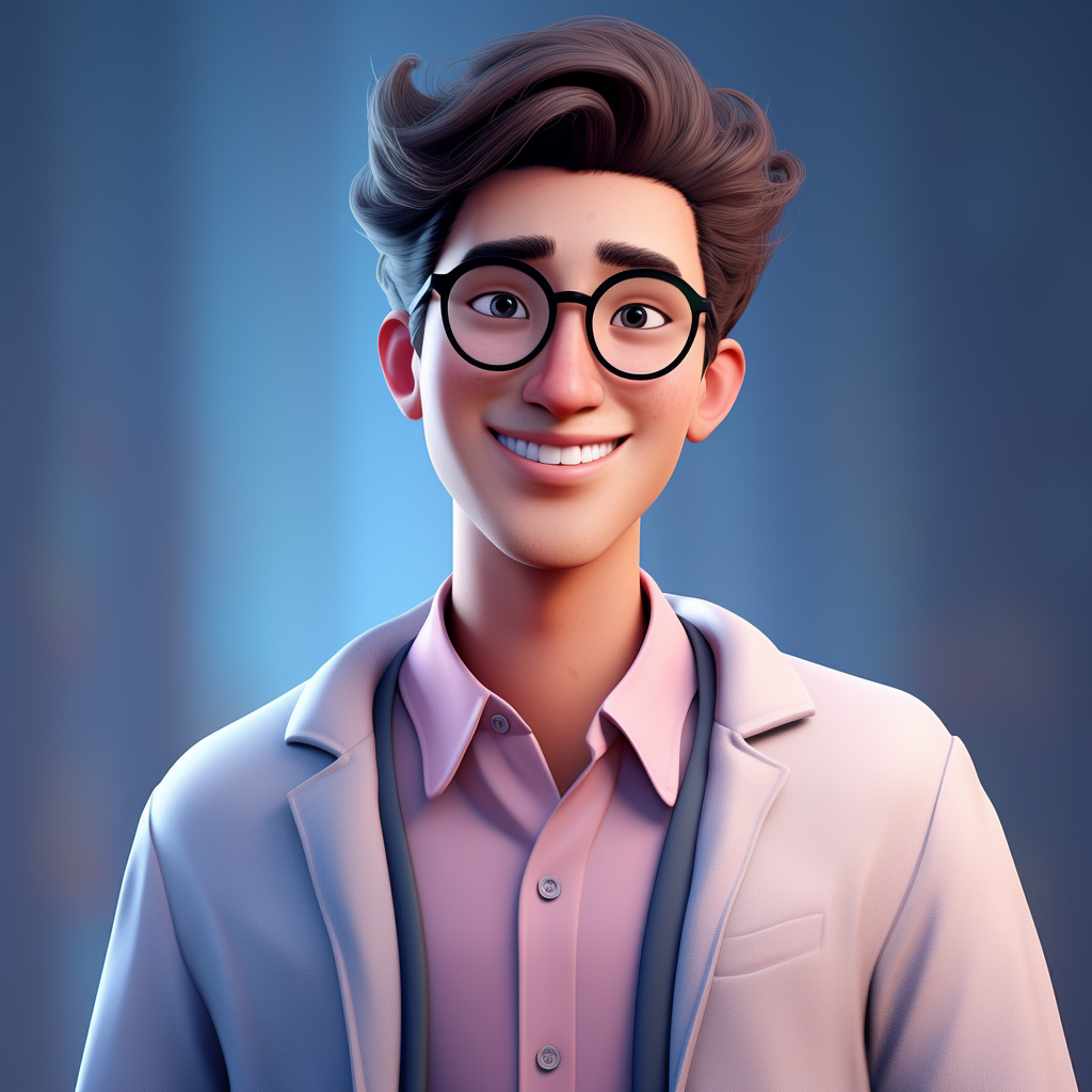 Chinese young man in Pixar style, smiling