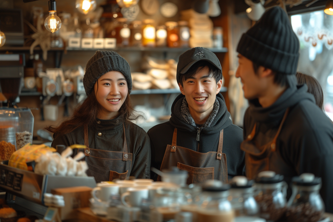 Chinese baristas conversation coffee aprons duckbill caps