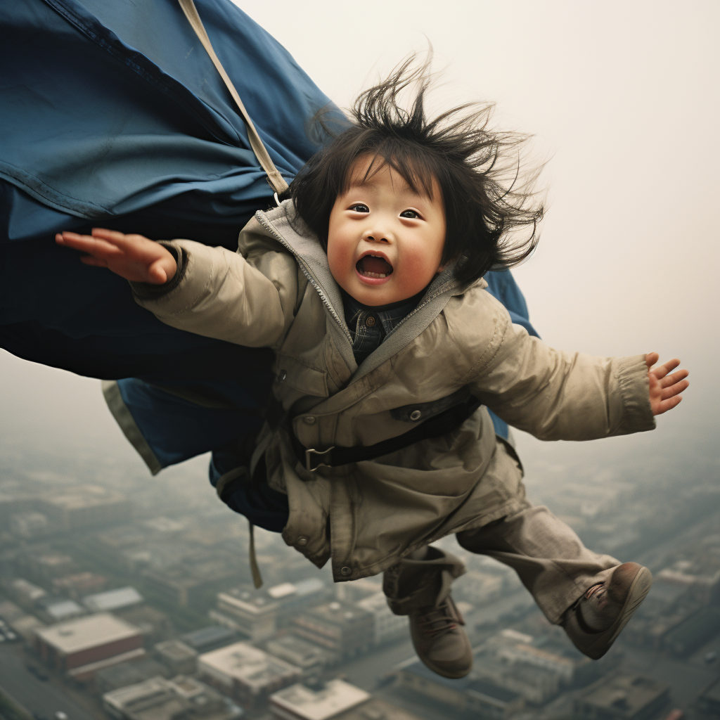 Chinese Child Flying Umbrella in Wind