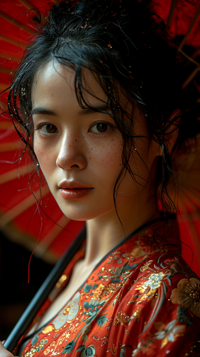 Young model posing with umbrella in Chinese clothing