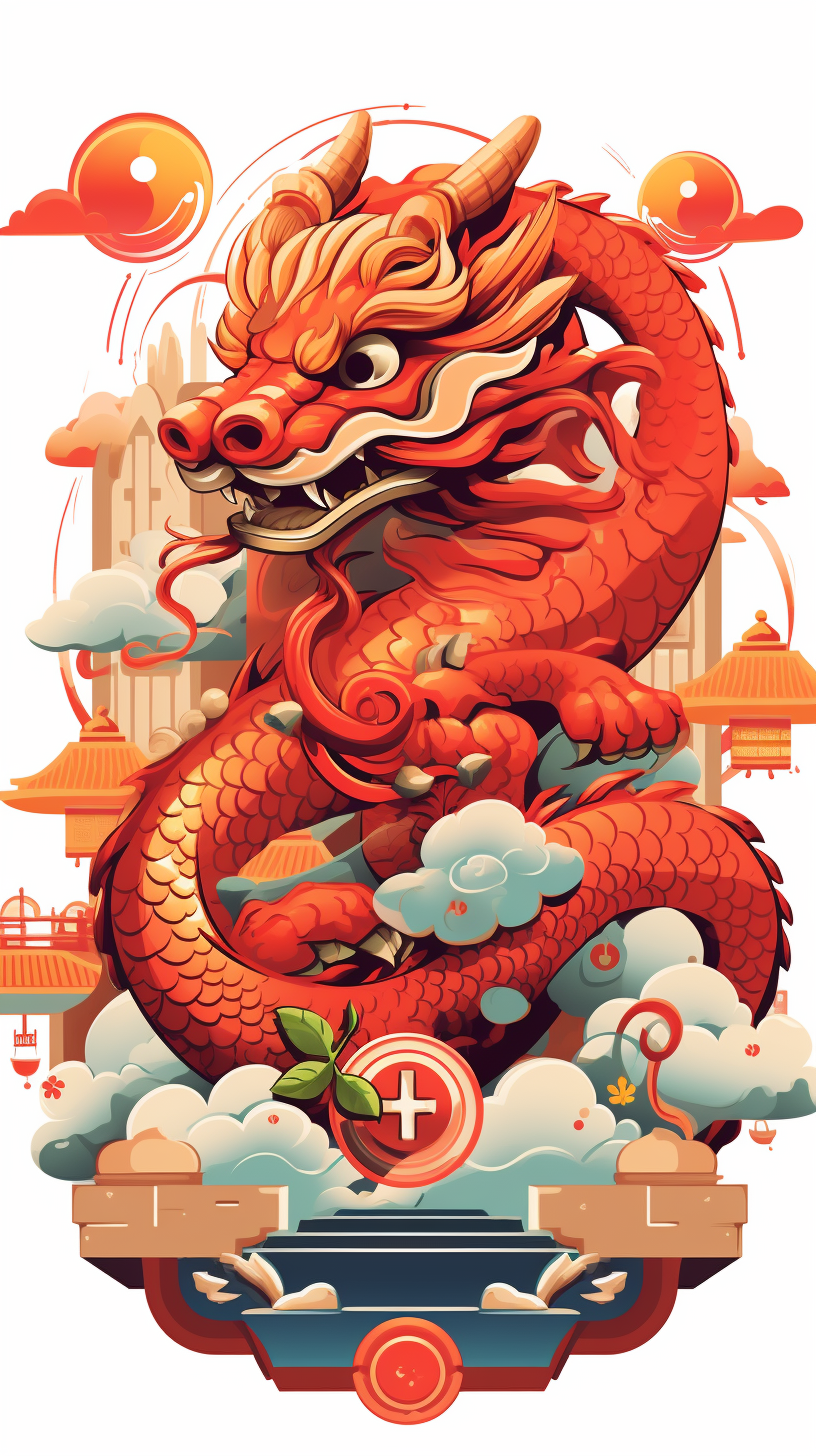 Chinese dragon holding internet symbols