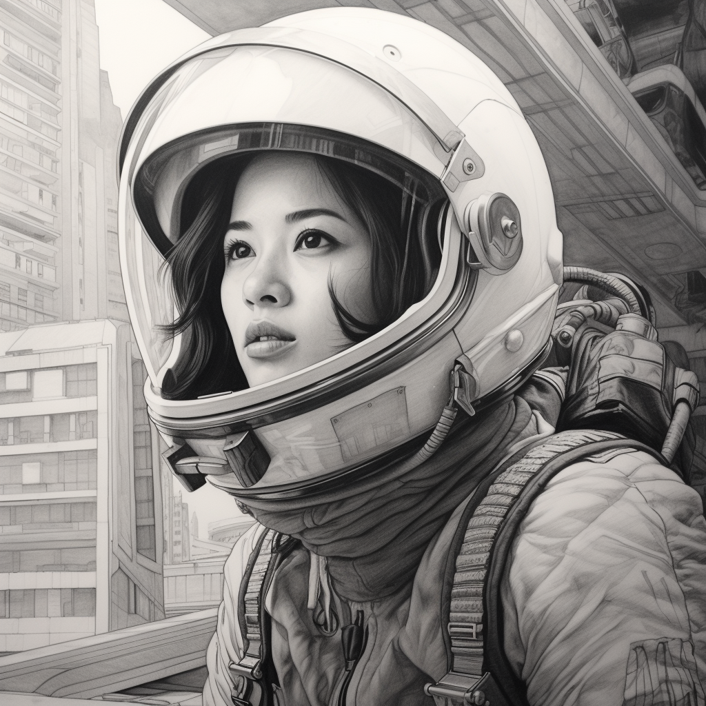 Female Chinese astronaut observing Malaysia in pencil sketch