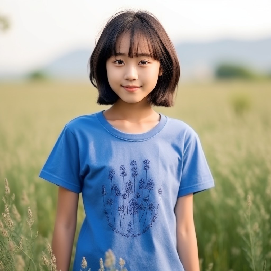 Adorable Chinese girl with dark hair and blue t-shirt