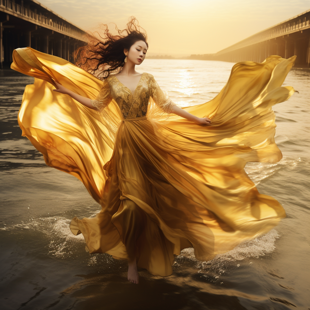 Chinese girl in a magnificent gold dress flying on water