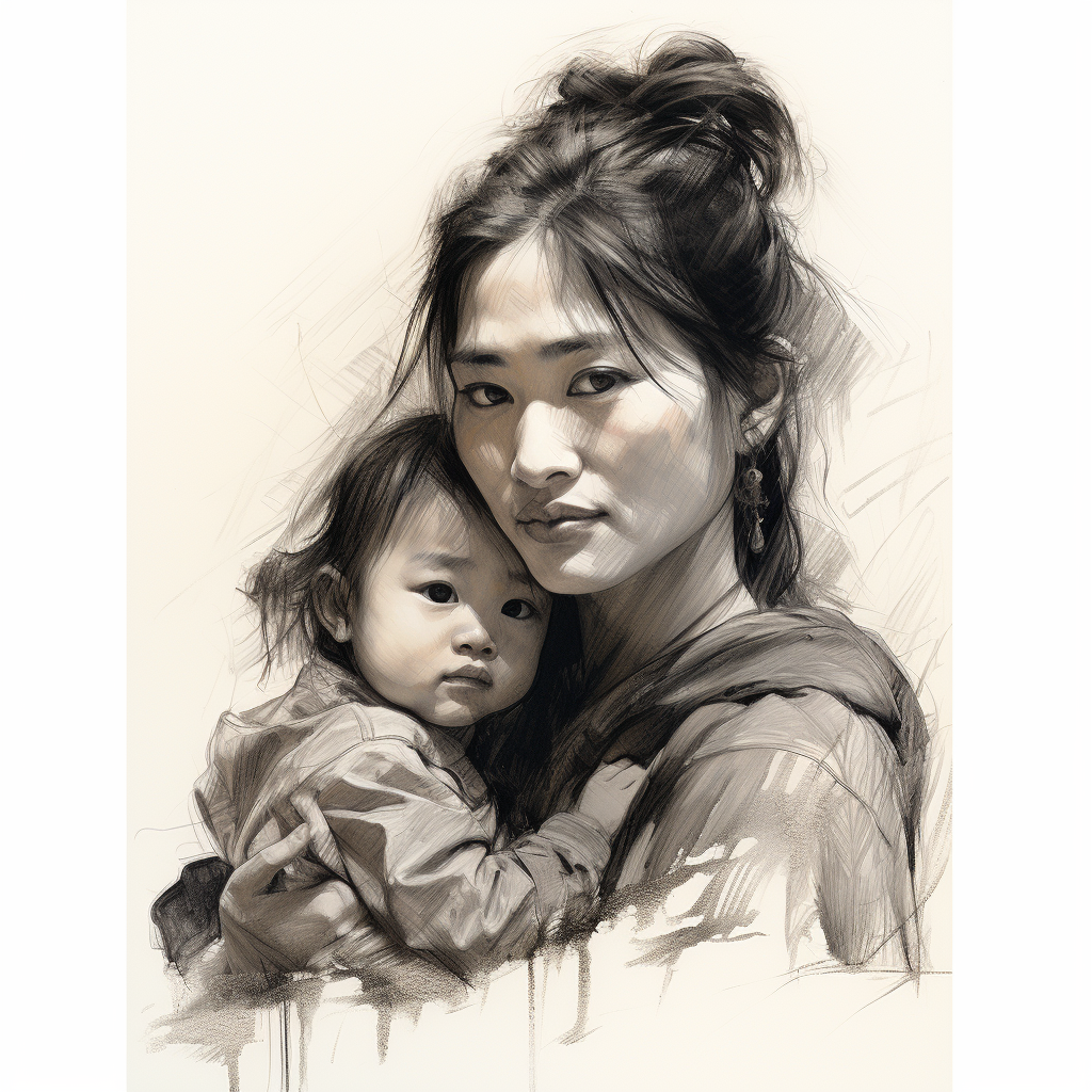 Sketch of Beautiful Chinese Girl with Baby