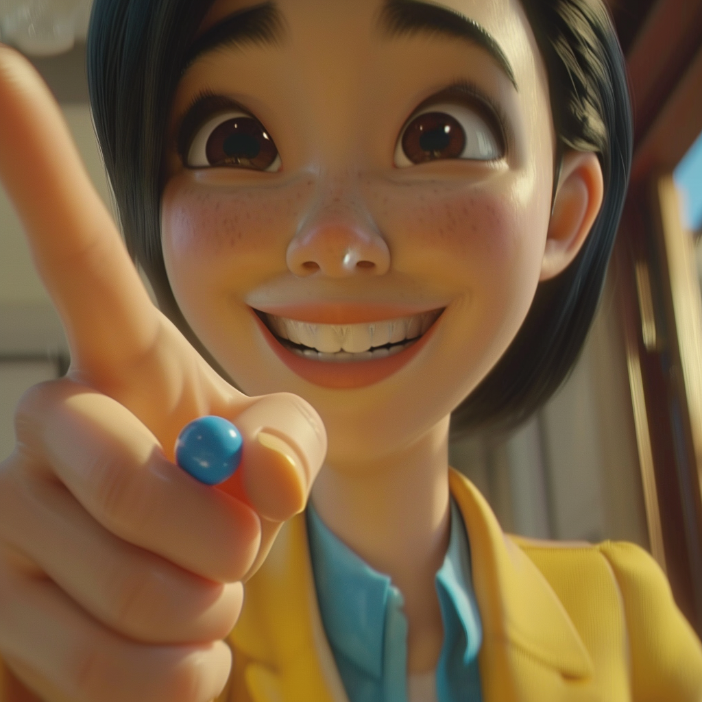 Smiling Chinese girl with blue pill