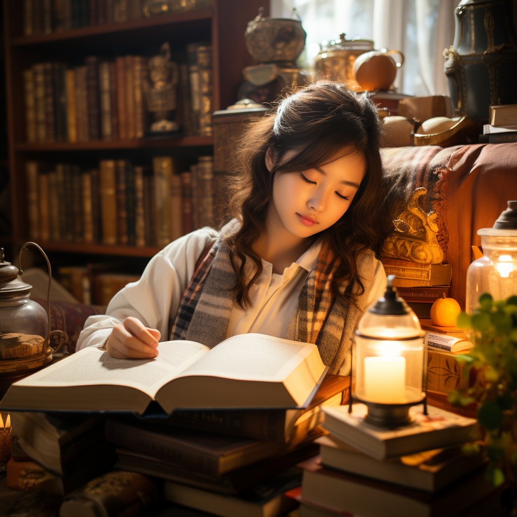 Chinese girl reading book on sofa