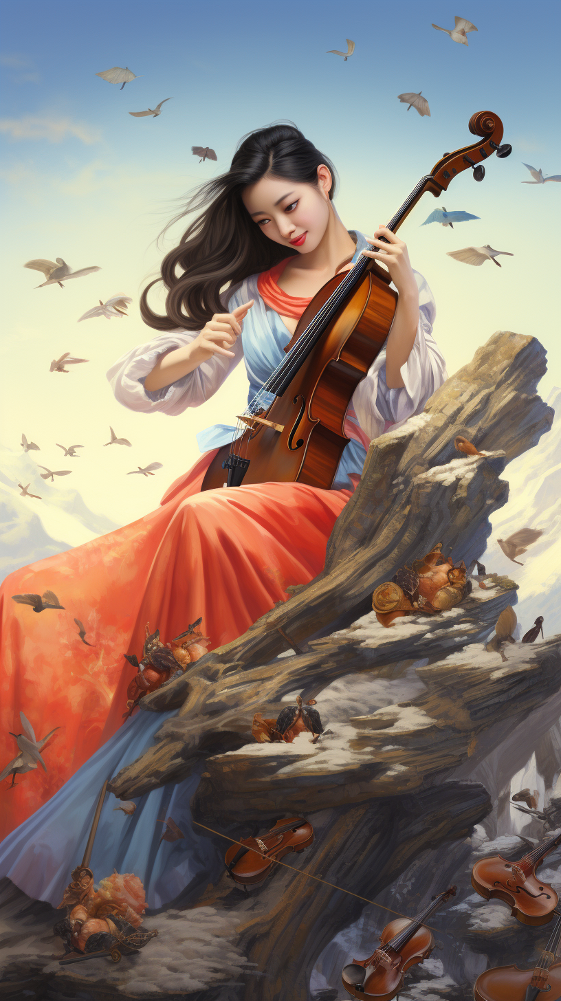 Chinese girl playing cello surrounded by birds