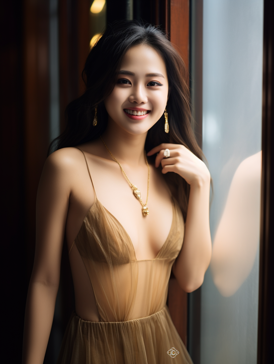 Chinese girl in gold dress smiling