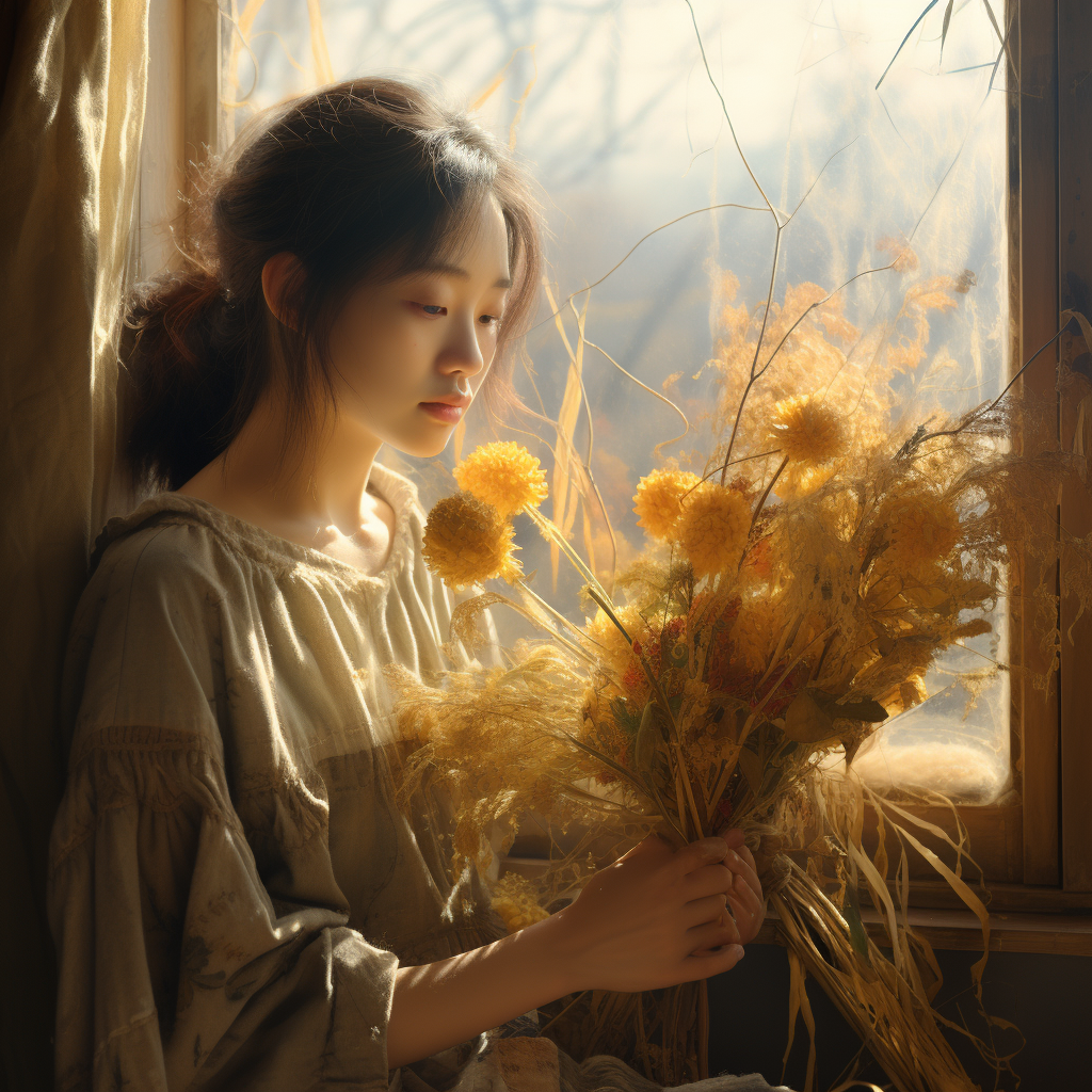 Chinese girl by window holding bouquet of flowers