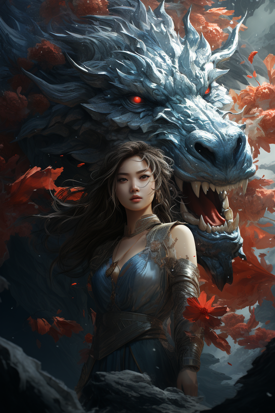 Ancient Chinese girl fighting a black dragon