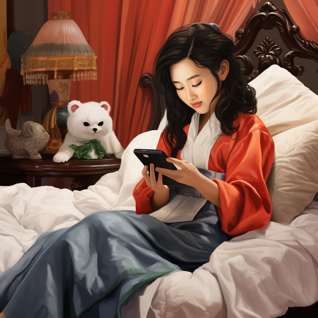 Chinese lady brushing mobile phone on bed