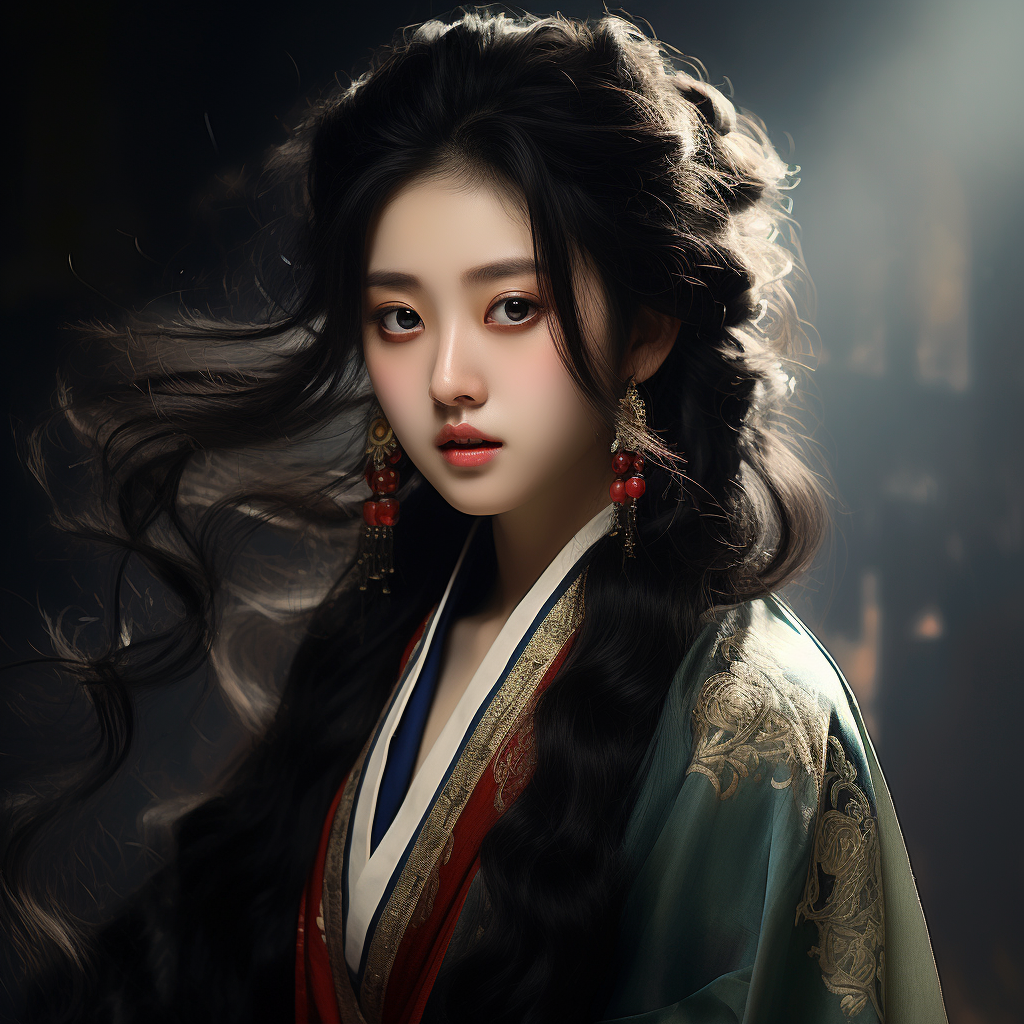 Chinese lady with long black hair in ancient clothes