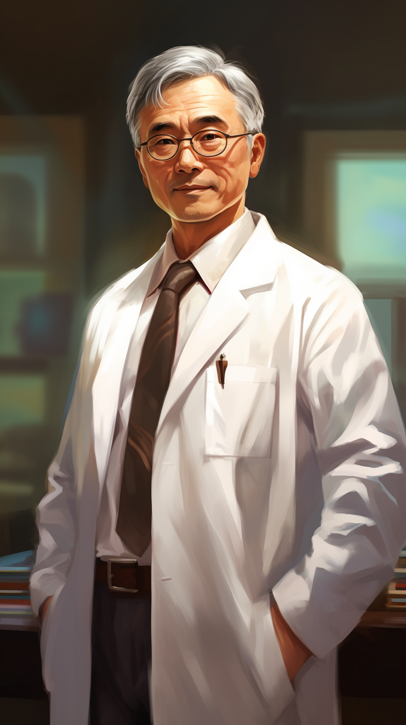 Chinese male doctor wearing white coat and glasses