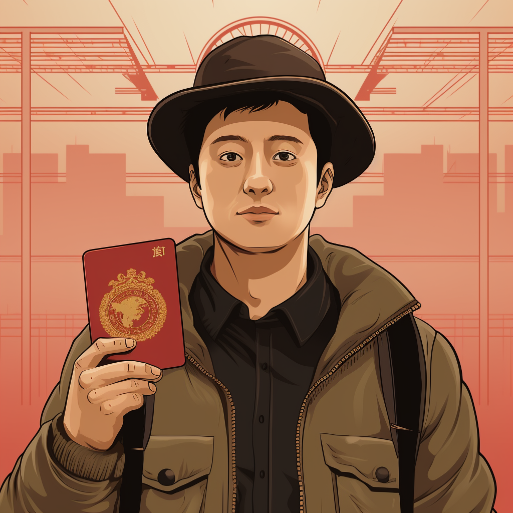 Chinese man holding passport at passport control