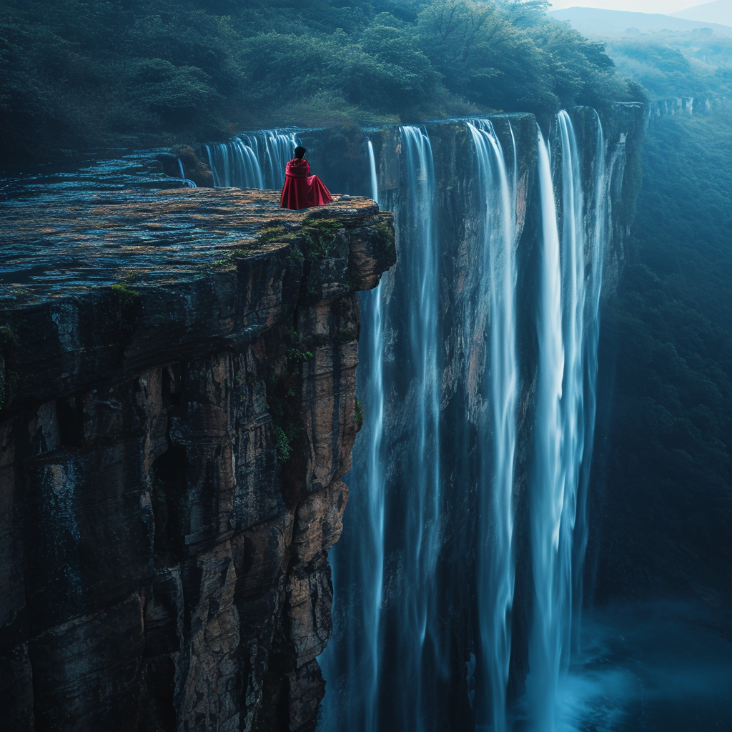 Chinese man sitting on cliff near waterfall