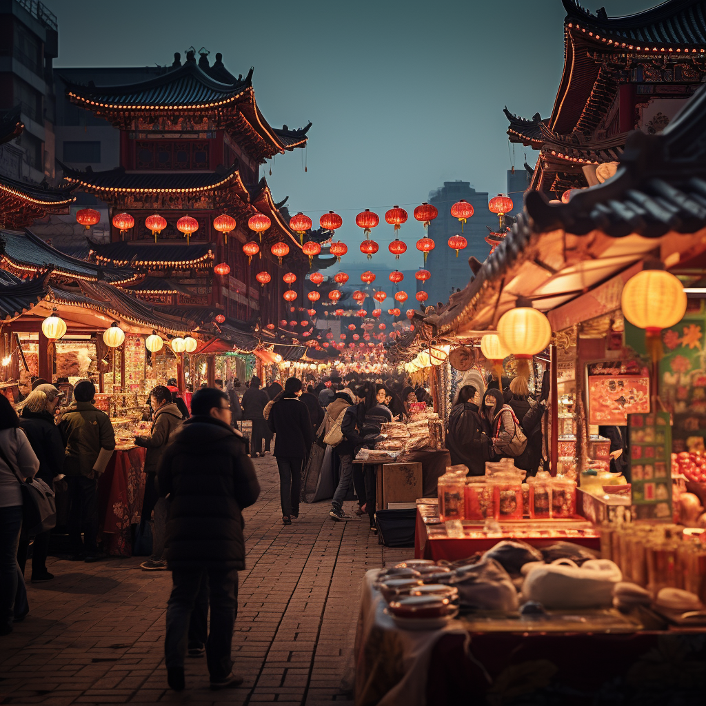 Chinese New Year Market Stalls Red Lanterns