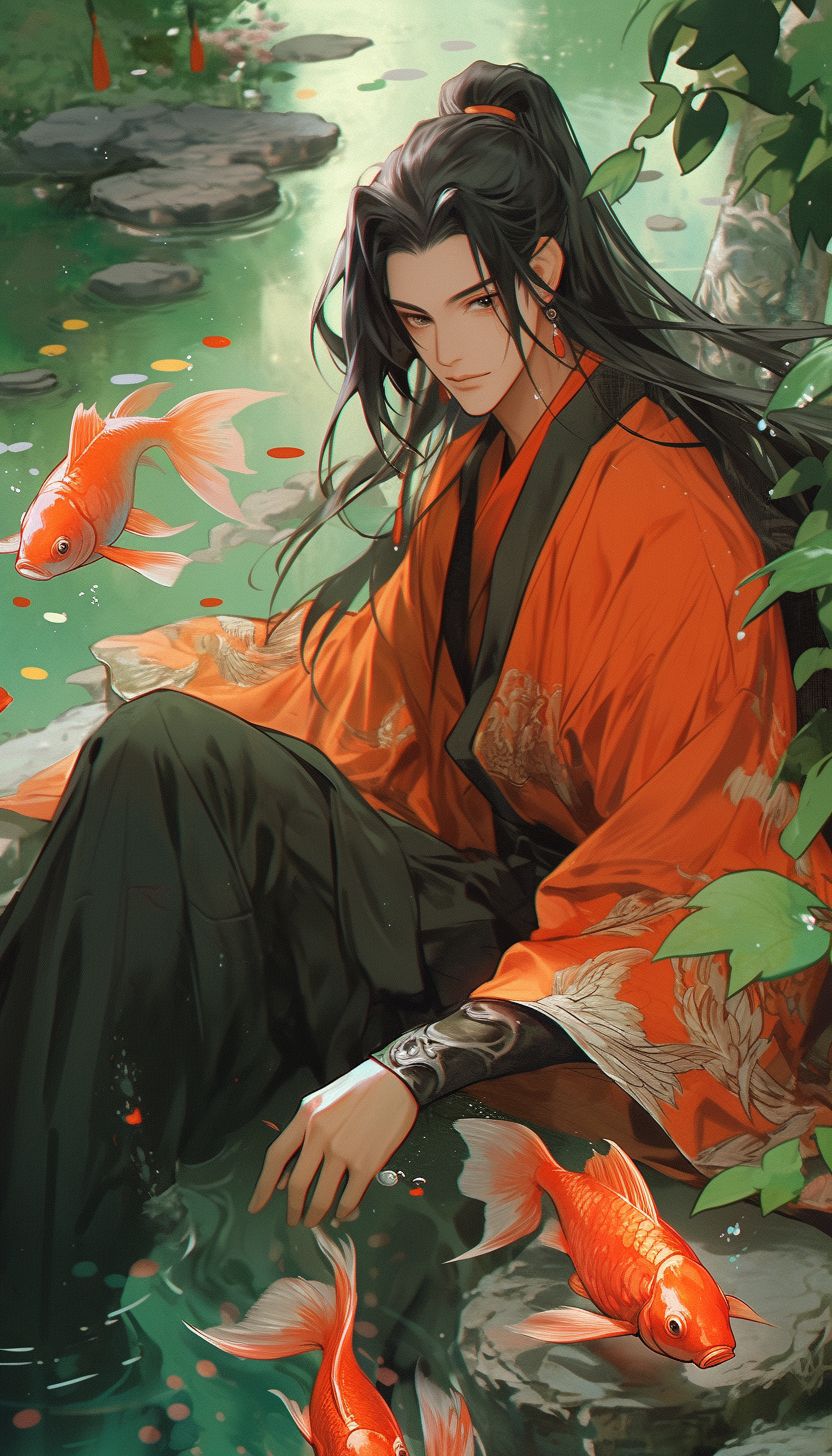 Man in Chinese Robe Sitting with Carp