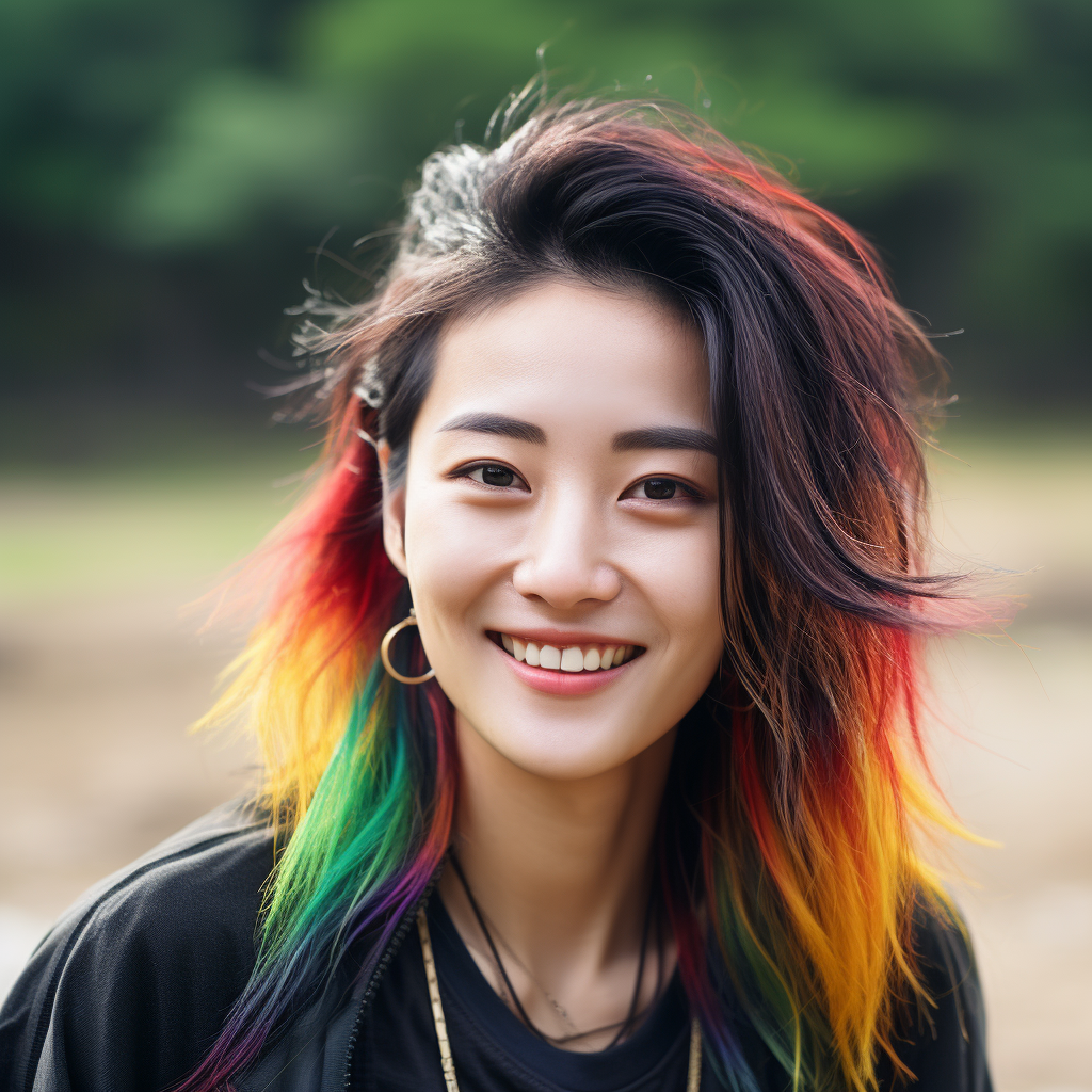 Chinese woman with freckles and rainbow highlights