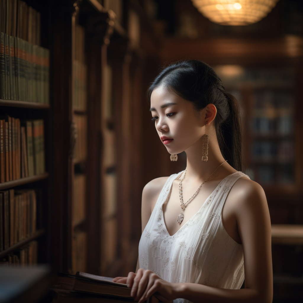 Attentive Chinese woman reading in library