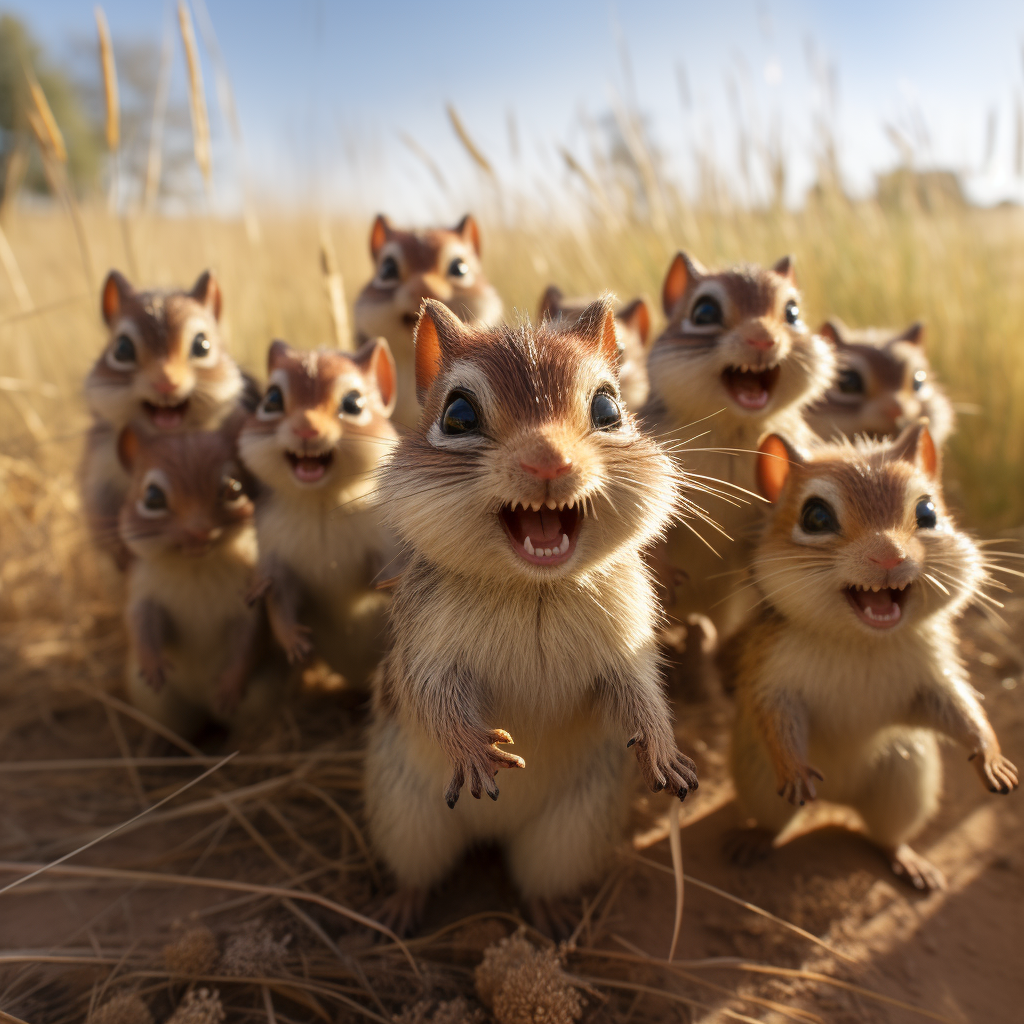 Chipmonks chasing smiling grasshoppers in savana