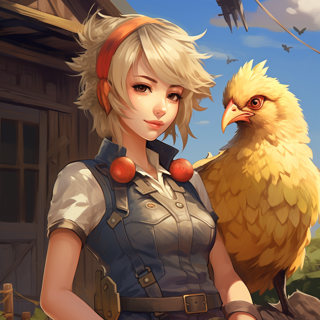 Chocobo trainer and her companion in comic book style