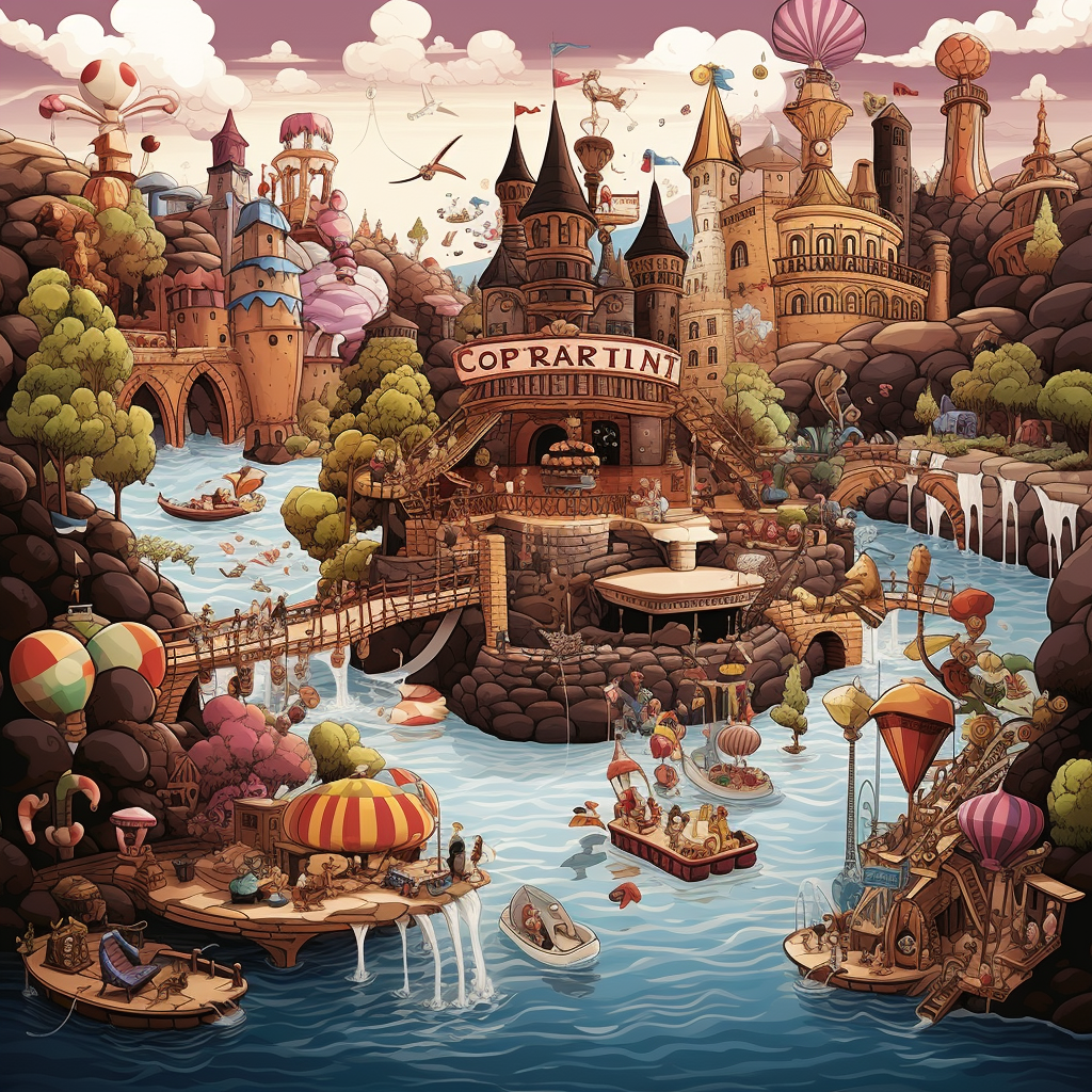 Colorful chocolate river in a dreamy fantasy land