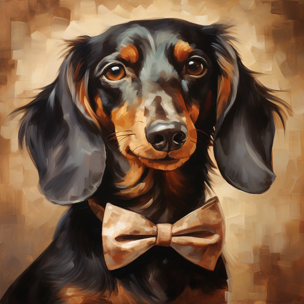 Adorable chocolate brown dachshund with a classic bow tie and cigar