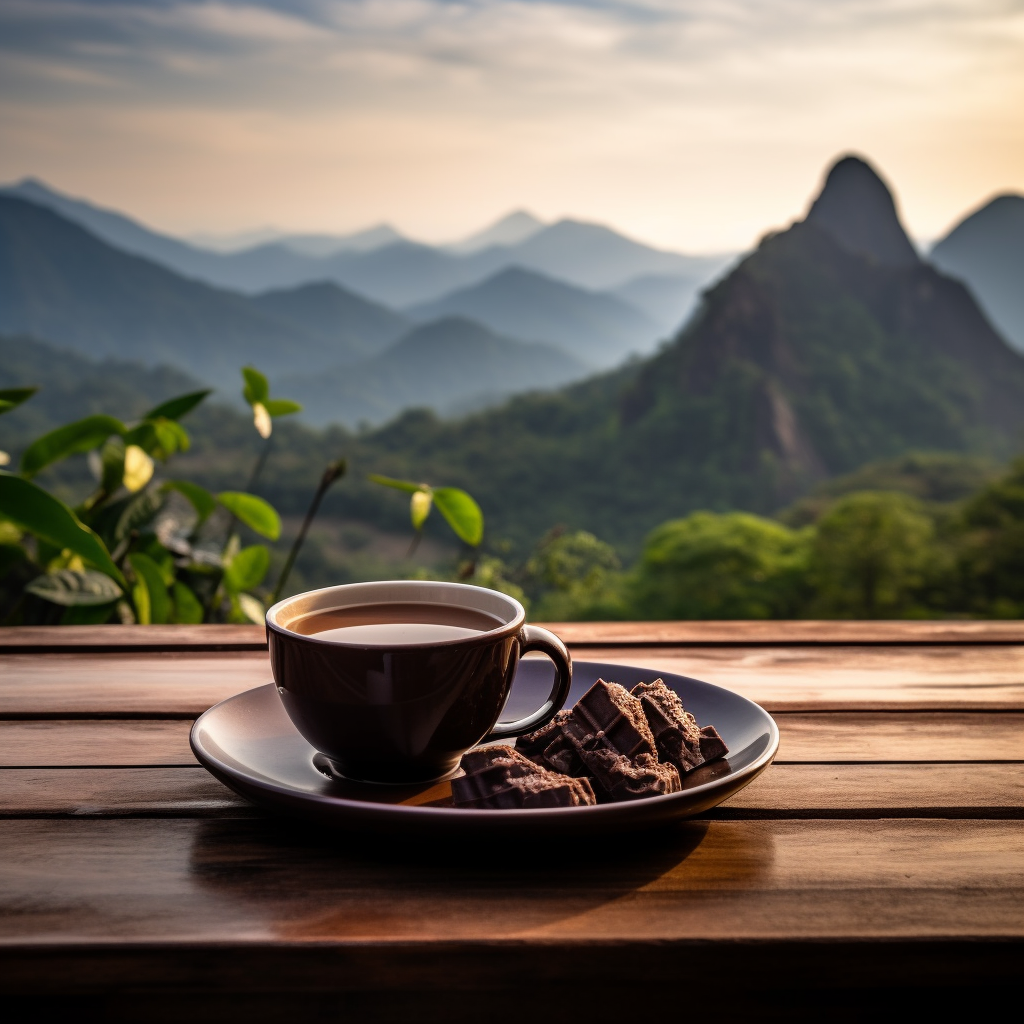 Chocolate cup on wooden table with Thailand mountain