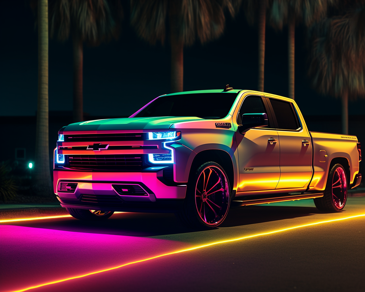 Chopped Chevy Silverado with vibrant neon paint job