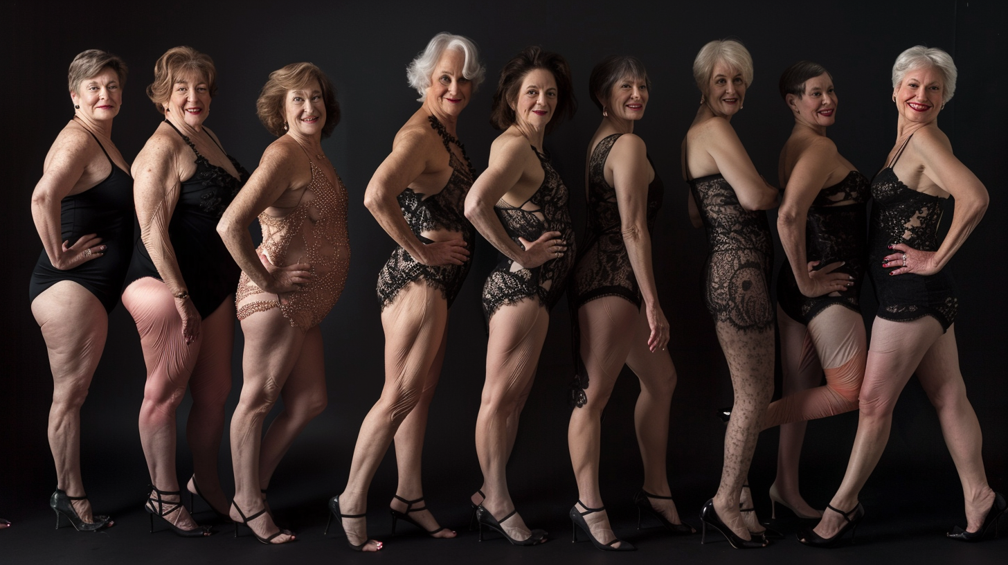 Seven women in swimsuits smiling