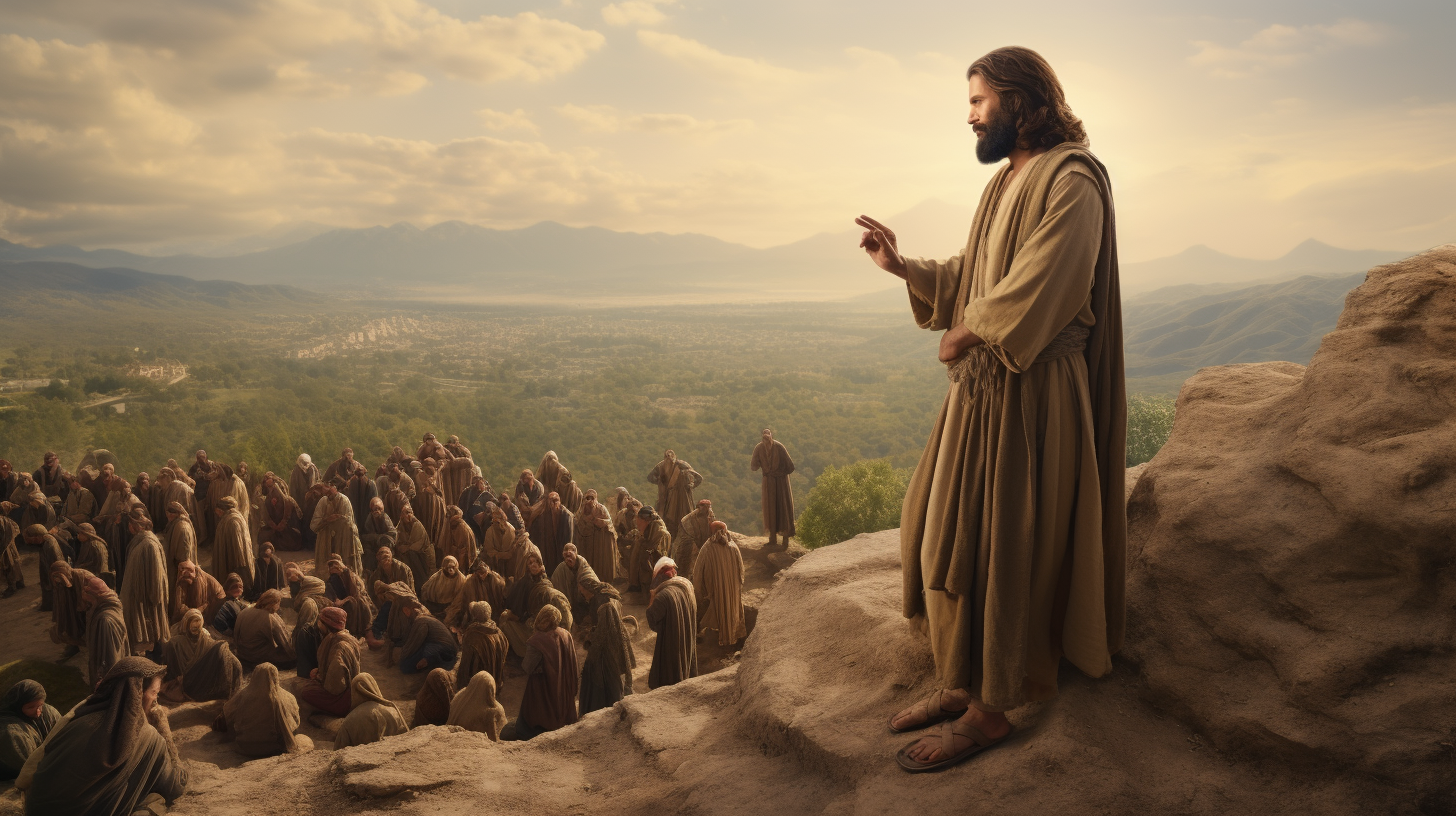 Cinematic scene of Jesus preaching the Sermon on the Mount