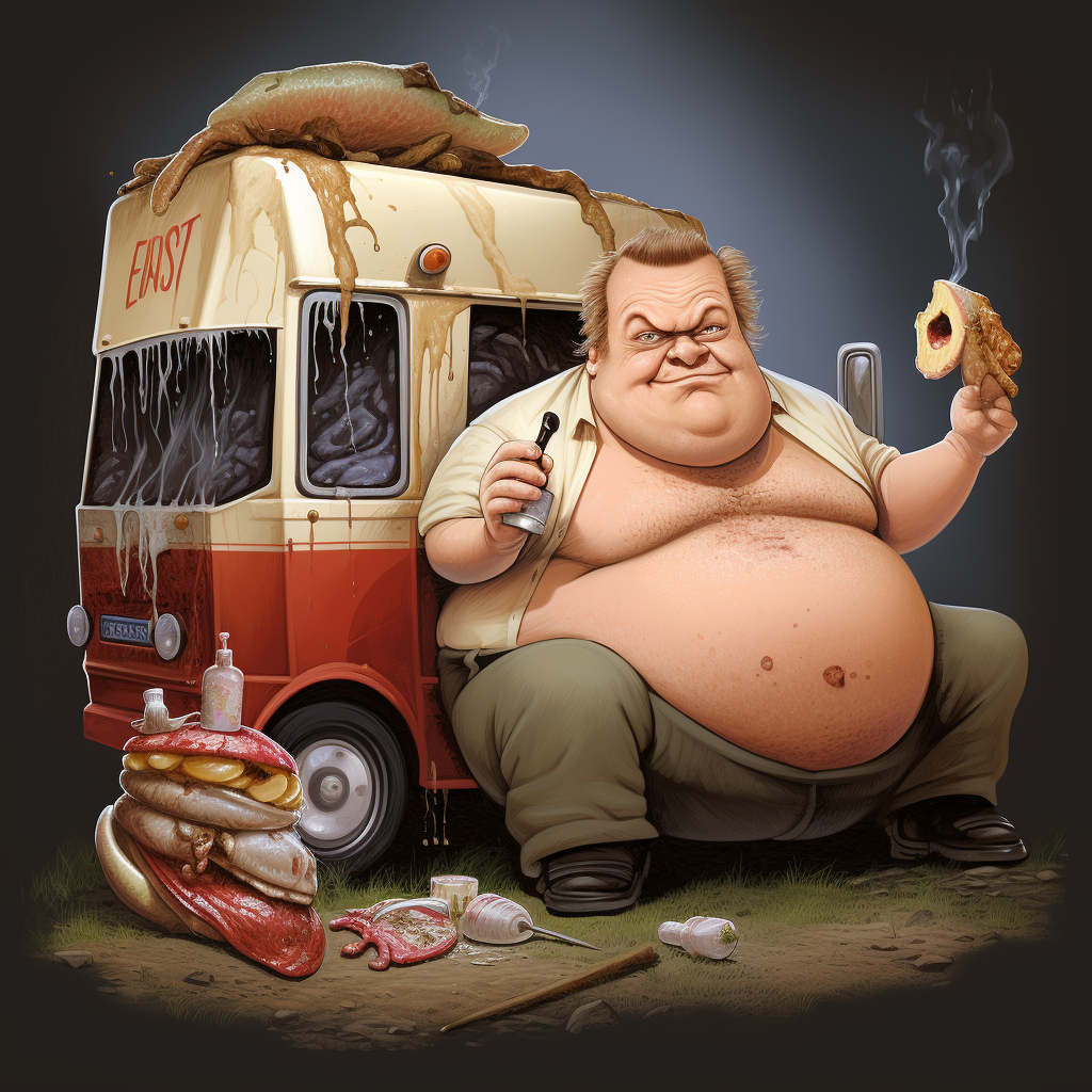 Chris Farley as Matt Folley enjoying a pulled pork sandwich