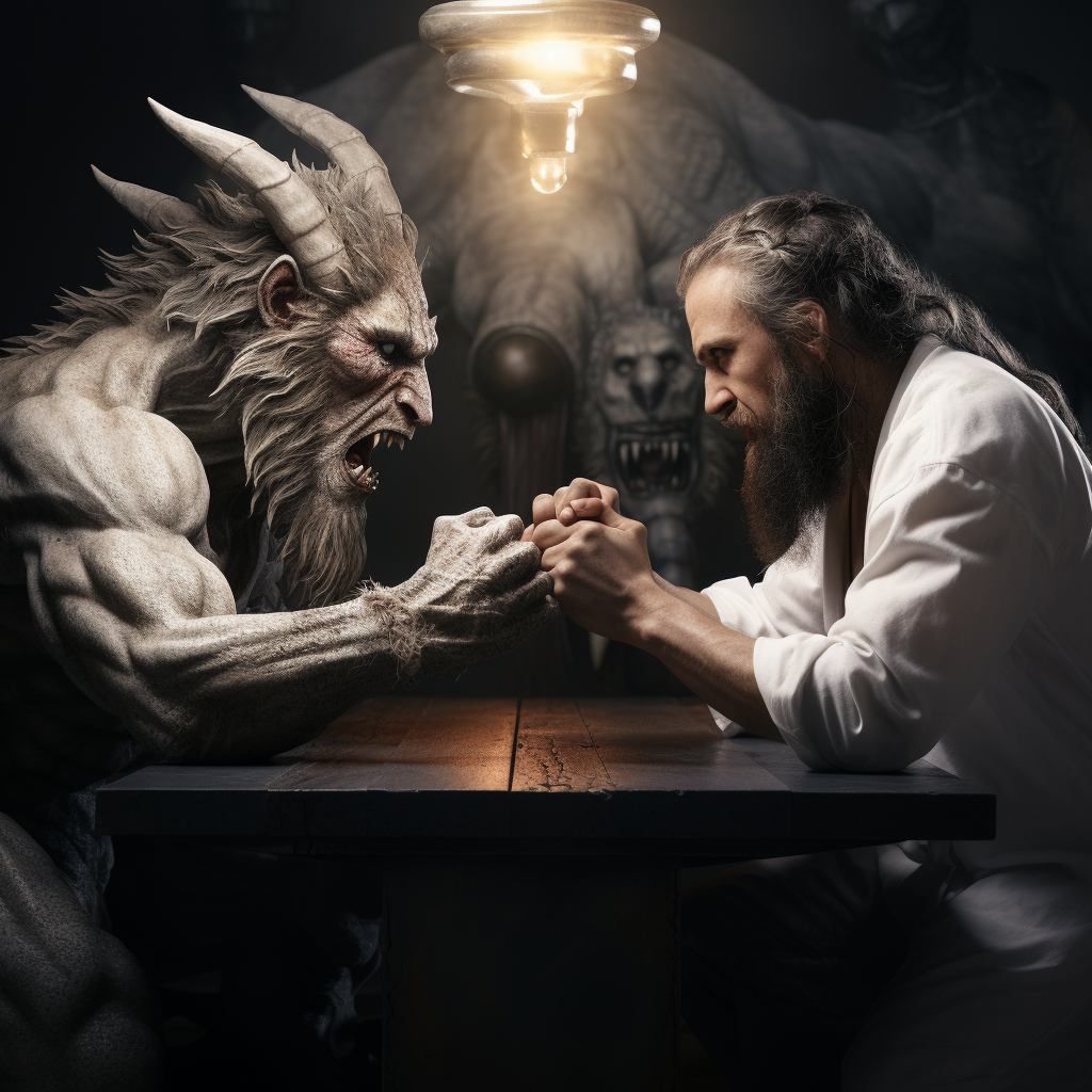 Christ arm wrestling devil in epic battle