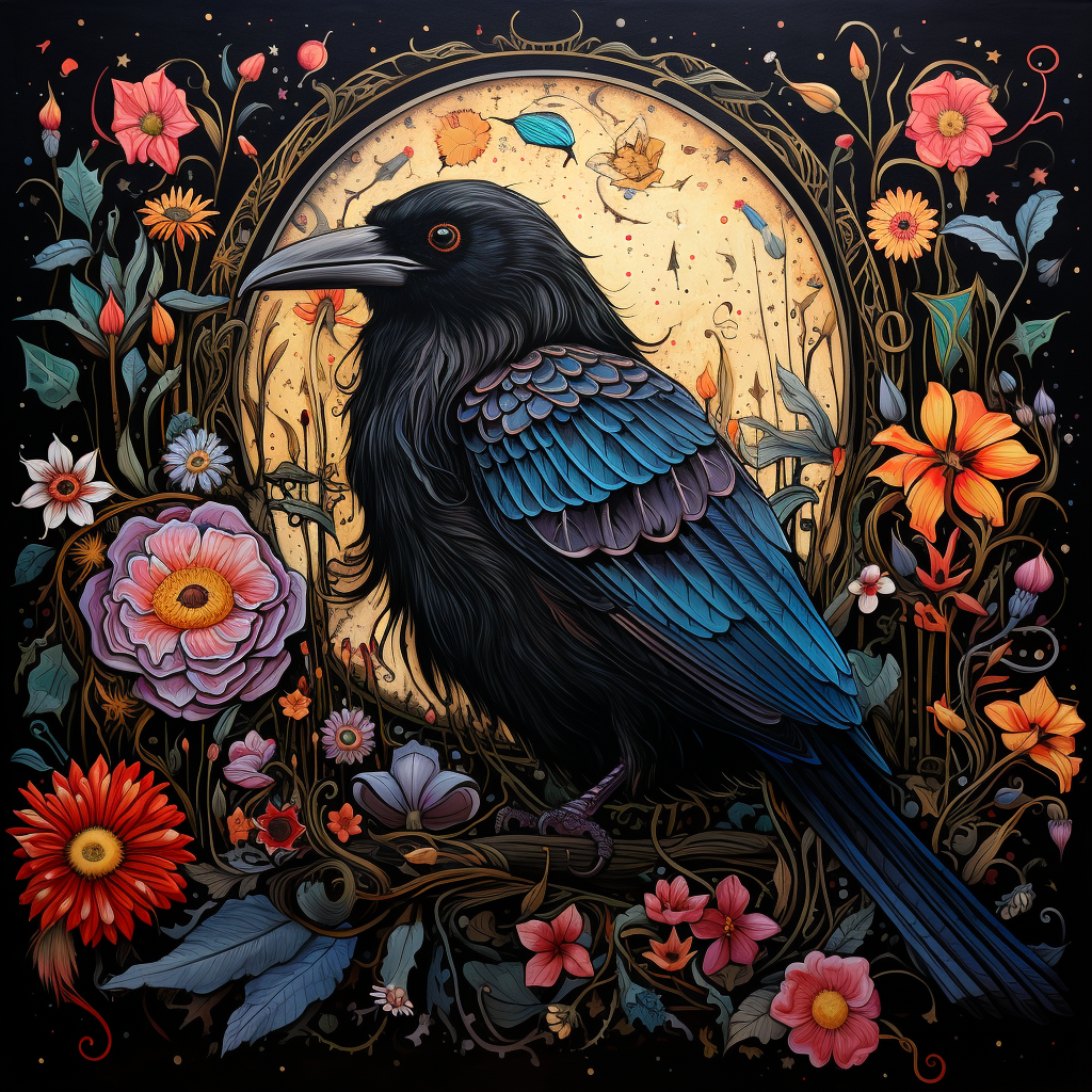 Raven with Flowers, Bugs, and Bones