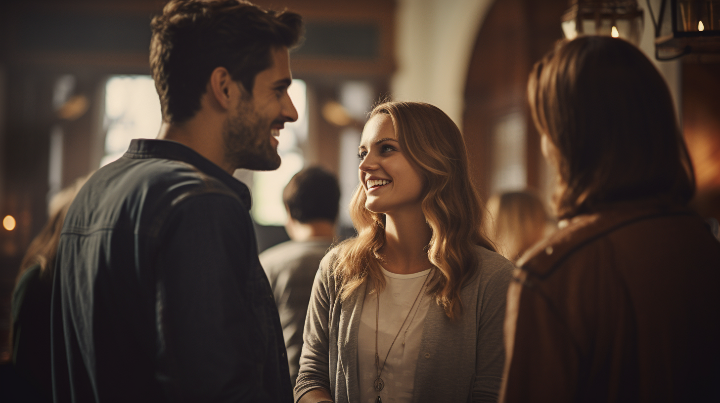 Christian friends talking and smiling at church lobby