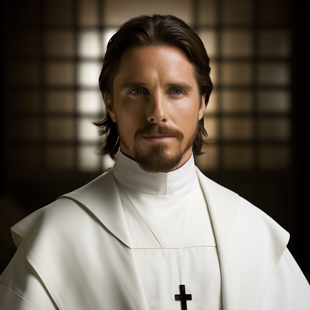 Christian Bale wearing white priest robes with an eye patch