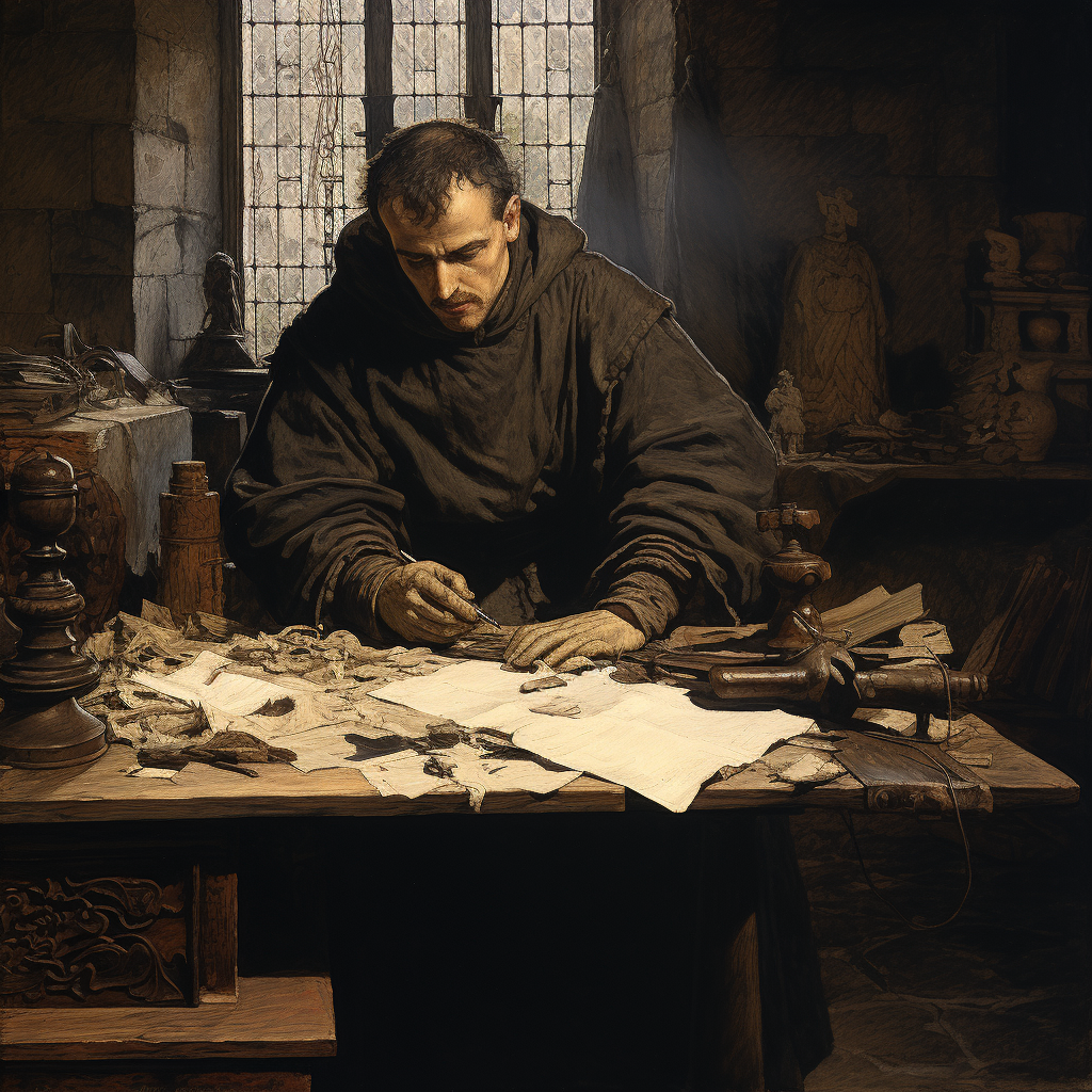 Christian monk at writing desk disappointed