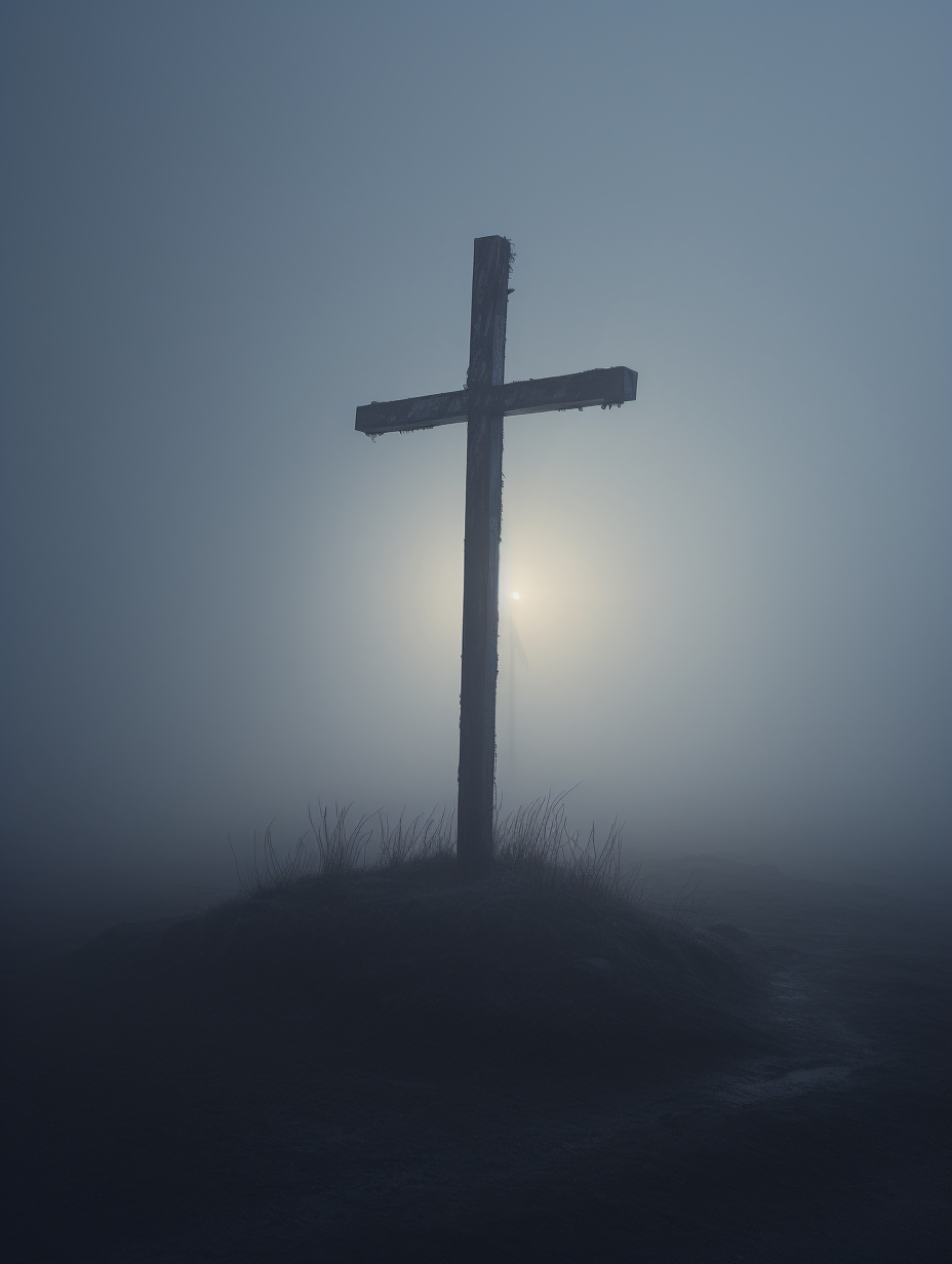 Detailed Christic Cross in Foggy Sky