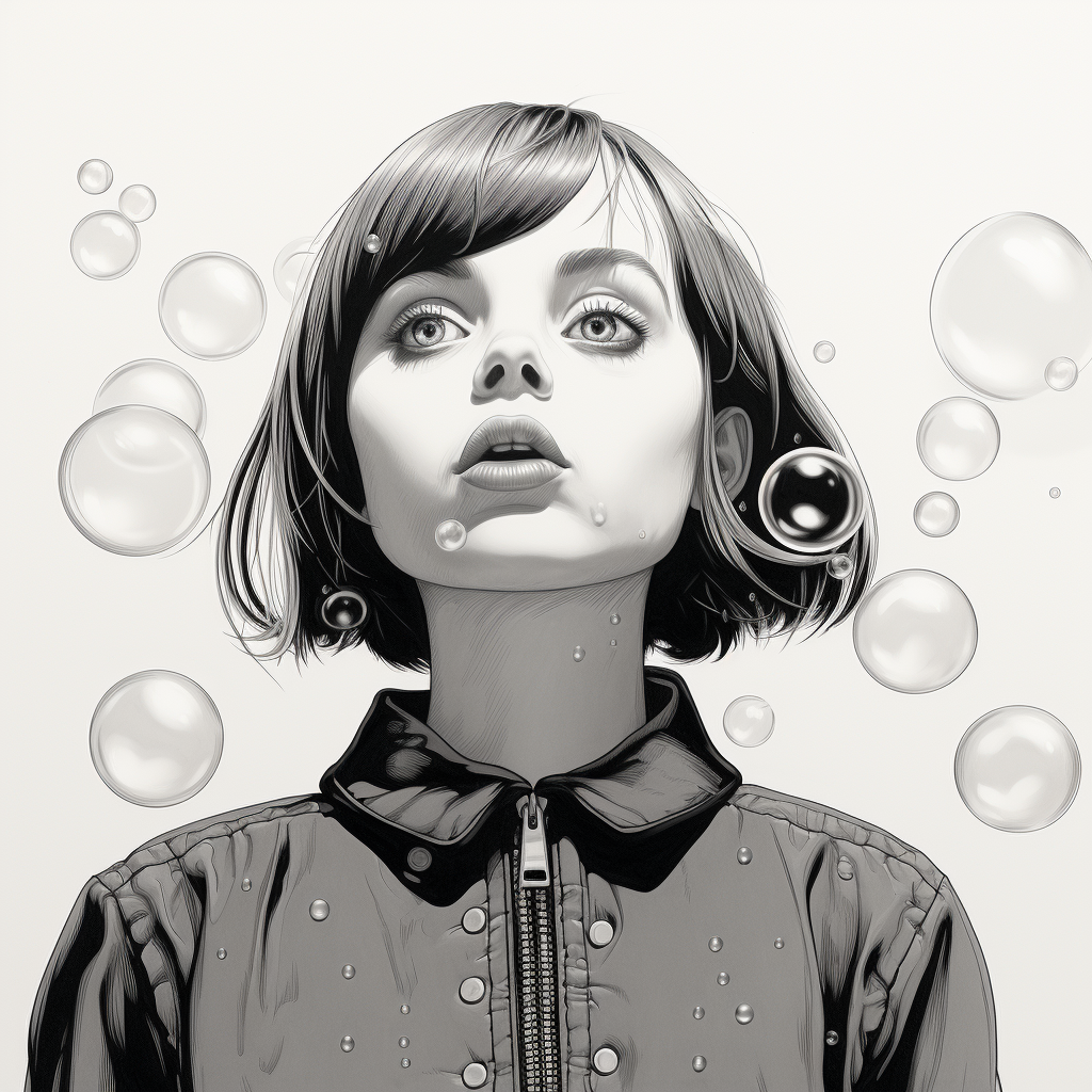 line art illustration of Christina Ricci blowing bubbles