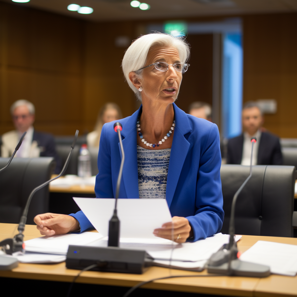 Christine Lagarde speaking at Midjourney AI event