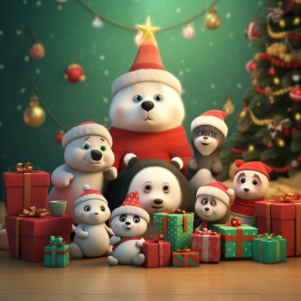 Cute Christmas animal characters by the tree