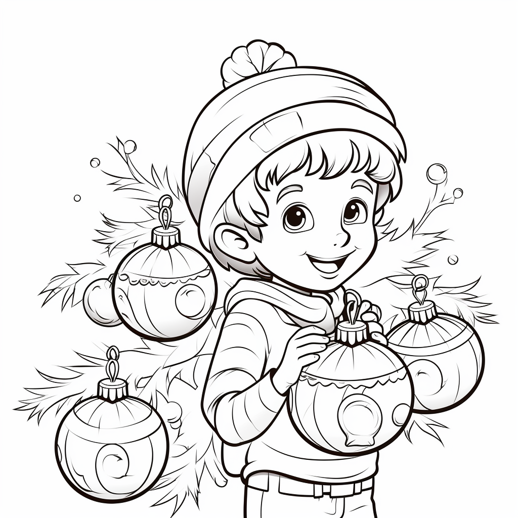 Cartoon black and white line drawing of Christmas baubles