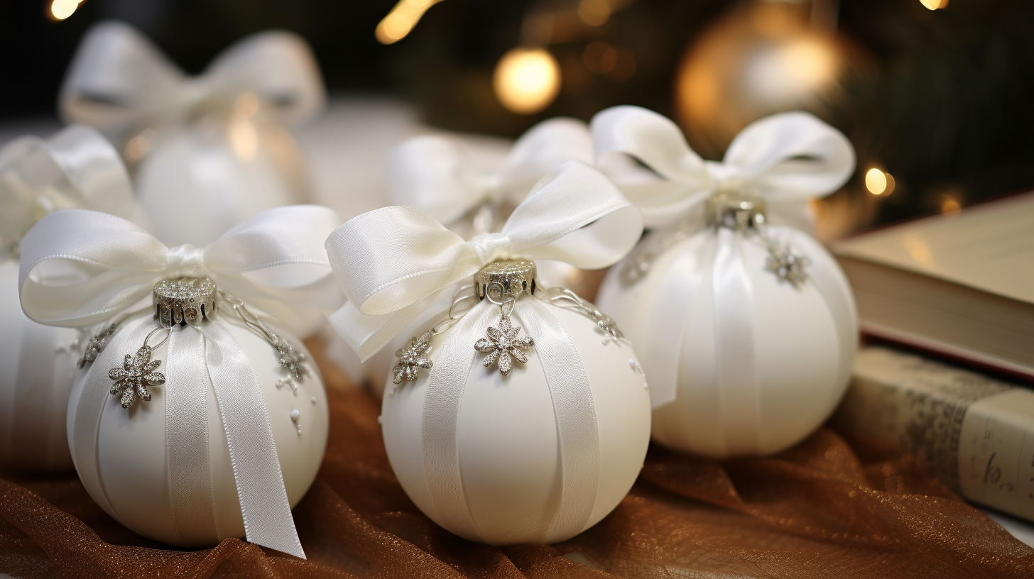 Christmas baubles with white bows and Bible verses